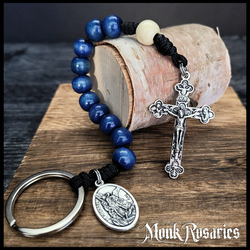 Saint Michael Blue Wooden One Decade Key Ring Rosary