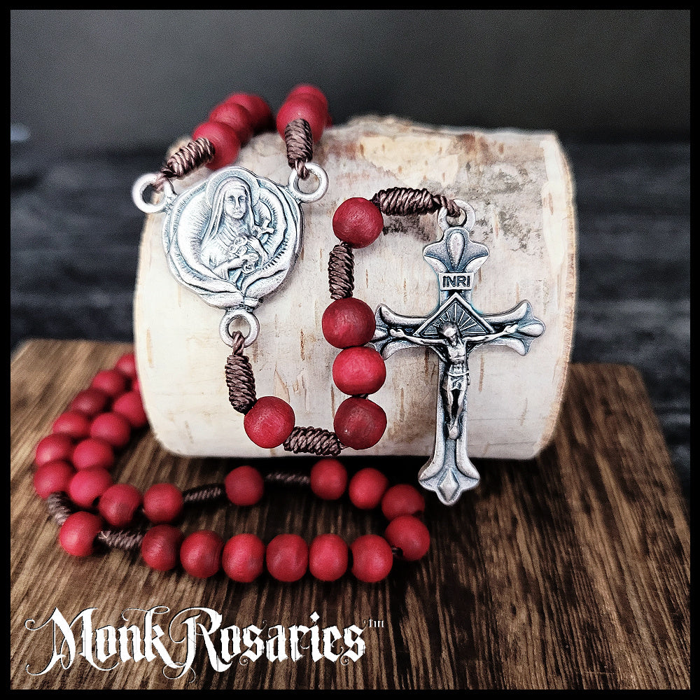 Red Wooden Rose Scented Rosary - St. Therese of Lisieux