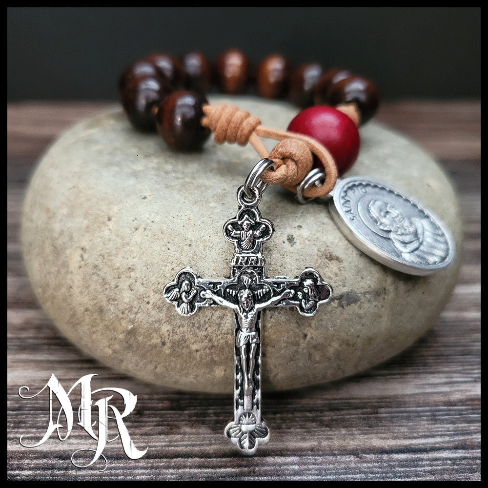 Padre Pio One Decade Leather Loop Rosary with Devotional Medal