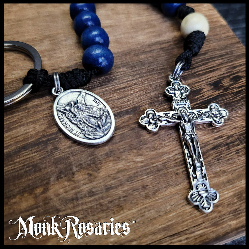 Saint Michael Blue Wooden One Decade Key Ring Rosary