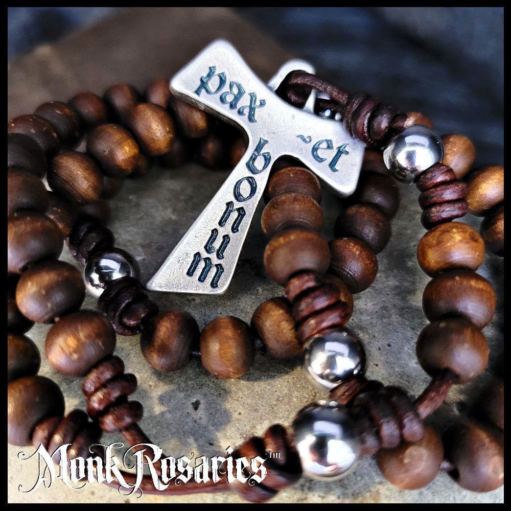 Olde World Peace and Goodness Tau Rosary - Handcrafted in Leather and Wood